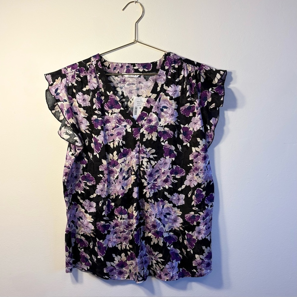 Ricki's Black and Purple Floral Blouse, NWT, size M but fits bigger